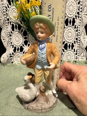 Lefton-like Porcelain-like Boy Figurine with A Goose - White and Pastel Colors